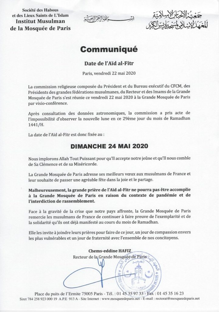 Officiel Aid El Fitr Le Dimanche 24 Mai 2020 Musulmans De France